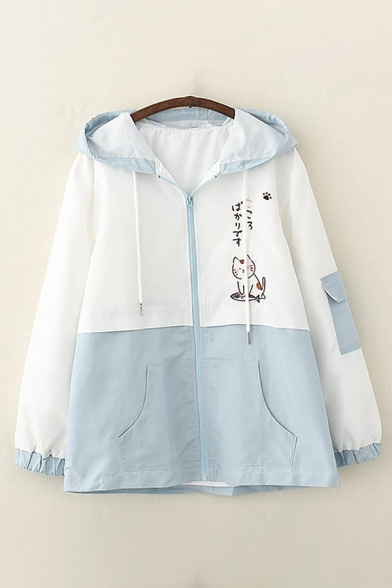 Casual Girls Long Sleeve Drawstring Zip Up Japanese Letter Cat Graphic Color Block Flap Pocket Oversize Jacket