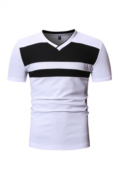 Casual Mens Short Sleeve V-Neck Color Block Slim Fitted Tee Top