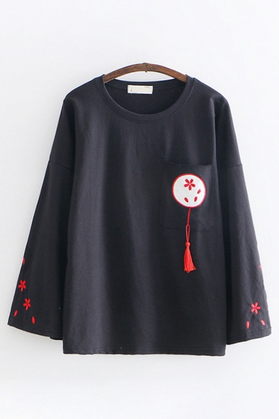 Casual Womens Long Sleeve Round Neck Floral Embroidered Tassel Pocket Panel Loose T Shirt