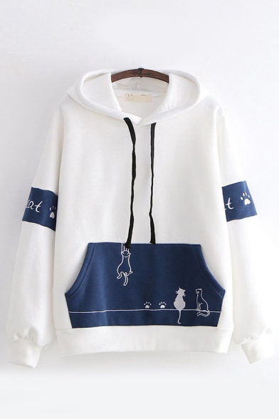 Chic Preppy Looks Long Sleeve Drawstring Funny Cat Graphic Color Block Pouch Pocket Relaxed Fit Hoodie