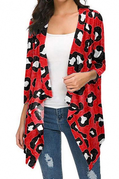 Cool Fashion Women's Long Sleeve Draped Front Leopard Printed Relaxed Fit Cardigan