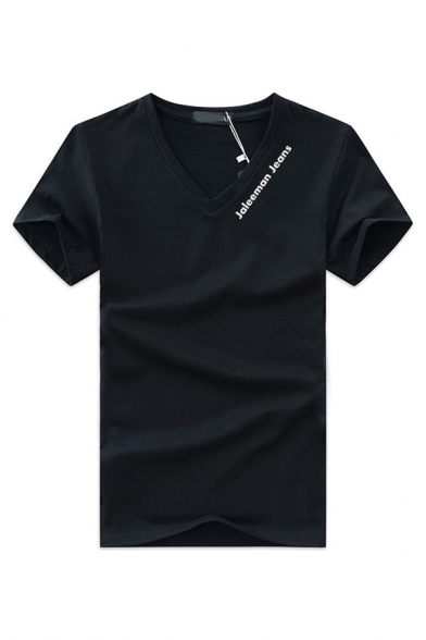 Cool Simple Guys' Short Sleeve V-Neck JALEEMAN JEANS Letter Printed Slim Fit T-Shirt
