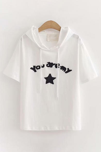 Cute Fashion Girls' Short Sleeve Drawstring Letter YOU ARE MY Pentagram Graphic Relaxed Fit Hoodie T Shirt