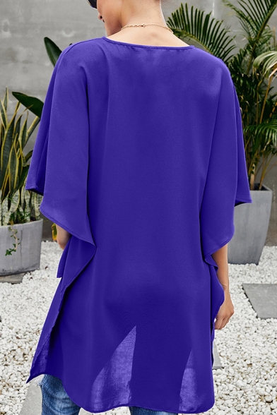 Designer Elegant Ladies' Batwing Sleeves V-Neck High Low Hem Solid Color Oversize Shirt