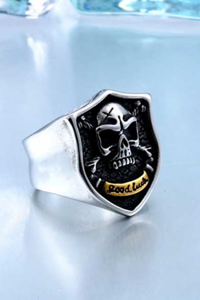 Designer Unique Letter GOOD LUCK Skull Black Goth Ring for Guys