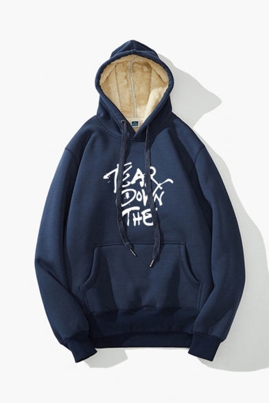 Fashionable Boys' Long Sleeve Drawstring Letter TEAR DOWN THE Pouch Pocket Fleece Liner Thick Relaxed Hoodie