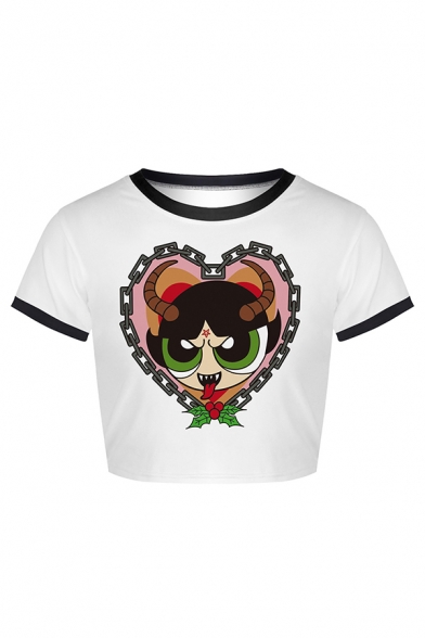 Fashionable Short Sleeve Round Neck The Powerpuff Girl Printed Fitted Crop Tee Top
