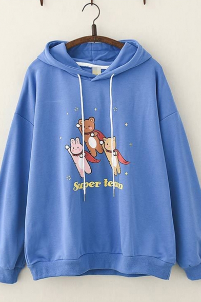 Fashionable Womens Long Sleeve Drawstring Letter SUPER TEAM Bear Graphic Loose Fit Hoodie