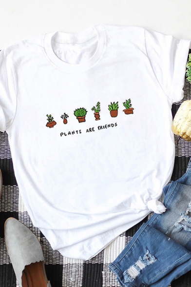 Fashionable Womens Roll Up Sleeve Round Neck Letter PLANTS ARE FRIENDS Plant Graphic Loose Fit T-Shirt