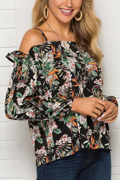 Gorgeous Ladies Blouson Sleeve Cold Shoulder All Over Floral Printed Relaxed Fit Blouse Top