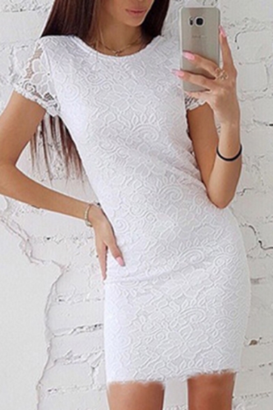 Hot Popular Women's Short Sleeve Round Neck Semi-Sheer Lace Solid Color Mini Bodycon Dress