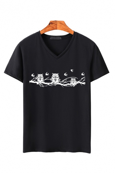 Guys' Short Sleeve V-Neck Owl Printed Slim Fitted T Shirt