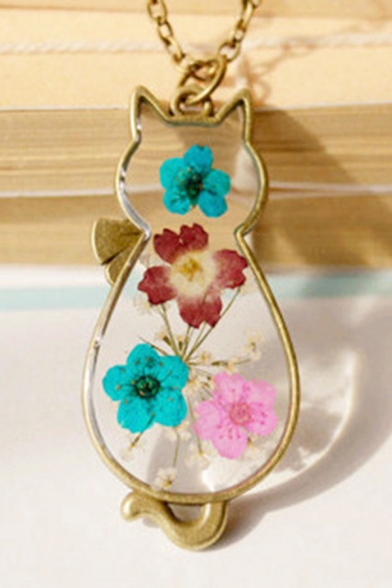 Lovely Handmade Cat Printed Nature Dried Flower Retro Fashion Nacklace for Gift