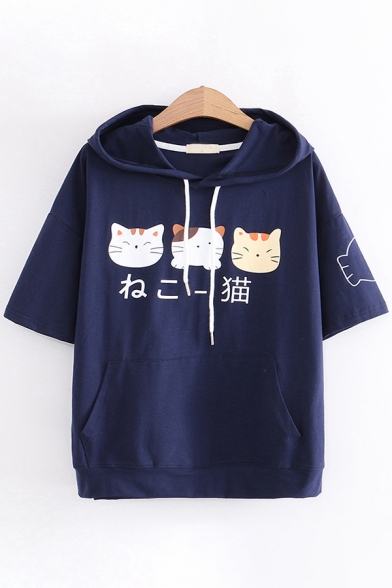 Popular Girls Short Sleeve Hooded Drawstring Japanese Letter Cat Graphic Kangaroo Pocket Relaxed T Shirt