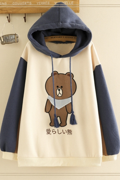 Preppy Girls' Long Sleeve Brown Bear Print Japanese Letter Color Block Drawstring Loose Hoodie
