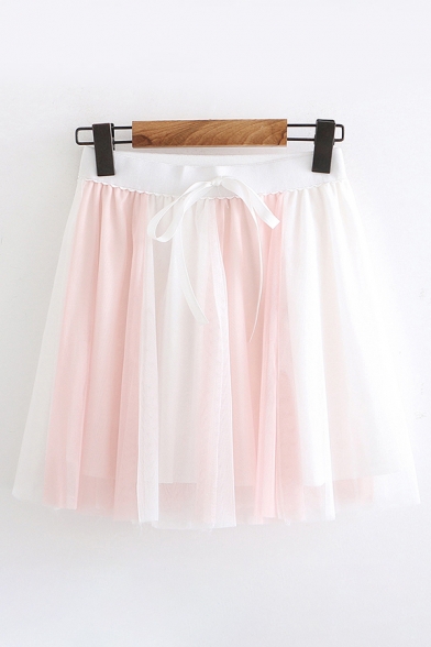 Preppy Womens Drawstring Waist Colorblocked Mesh Mini Pleated A-Line Skirt