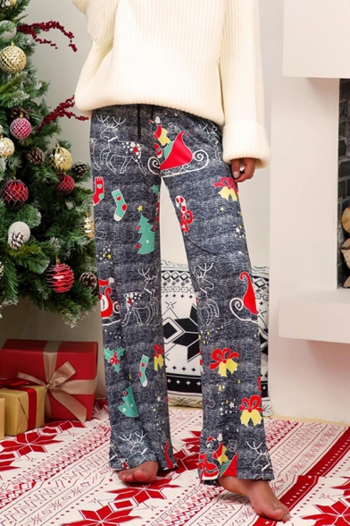 Pretty Cute Girls' High Rise Elk Snow Pentagram Pattern Long Length Wide-Leg Christmas Trousers