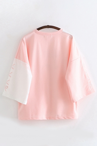 Pretty Girls Three-Quarter Sleeve Round Neck Japanese Letter Strawberry Avocado Patterned Colorblock Relaxed Fit Pullover Sweatshirt