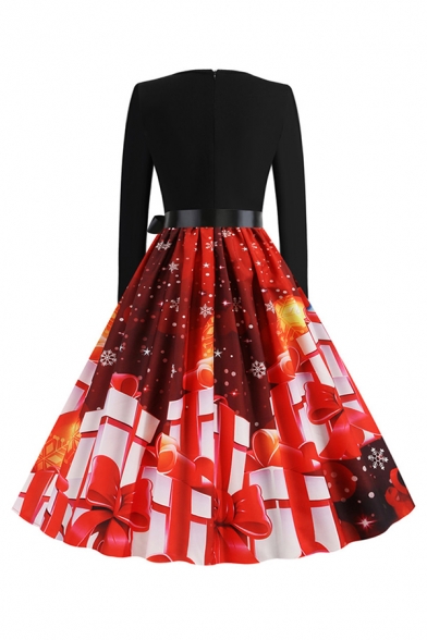 Pretty Ladies' Red Long Sleeve Scallop Neck Bow Tie Waist Gift Santa Snowman Printed Maxi Pleated Swing Dress