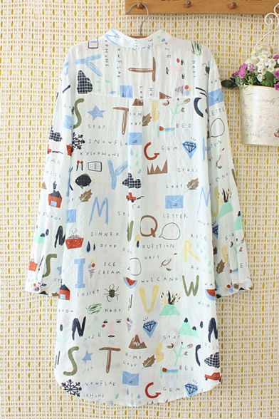 Pretty Stylish Girls Long Sleeve Stand Collar Button Down All Over Letter Cartoon Printed Curved Hem Long Oversize Shirt