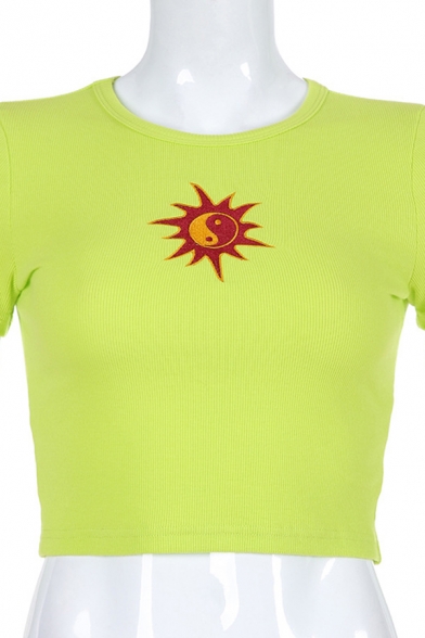 Simple Basic Girls Short Sleeve Crew Neck Yin Yang Sun Pattern Fitted Crop T Shirt