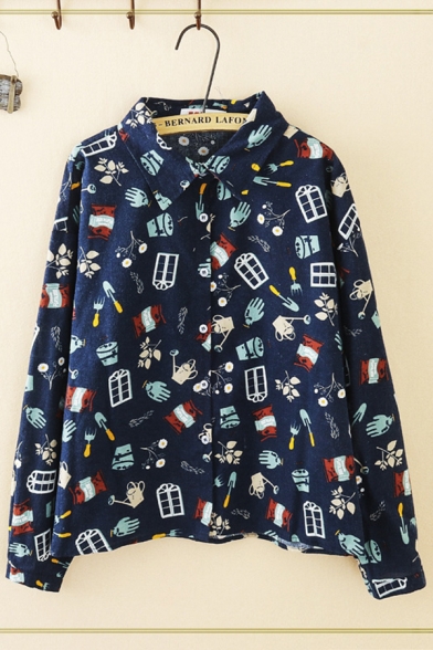 Stylish Girls Long Sleeve Lapel Collar Button Down All Over Cartoon Pattern Relaxed Fit Shirt