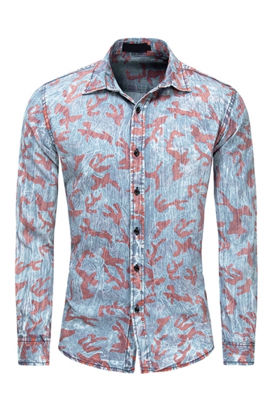 Stylish Mens Long Sleeve Lapel Neck Button Down All Over Flower Patterned Slim Fit Shirt in Blue