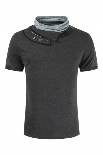 Stylish Mens Short Sleeve Cowl Neck Button Detail Patchwork Contrasted Slim Fit Tee
