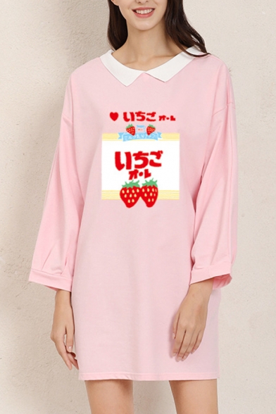 Stylish Women's Long Sleeve Lapel Collar Japanese Letter Strawberry Graphic Slit Side Loose T Shirt