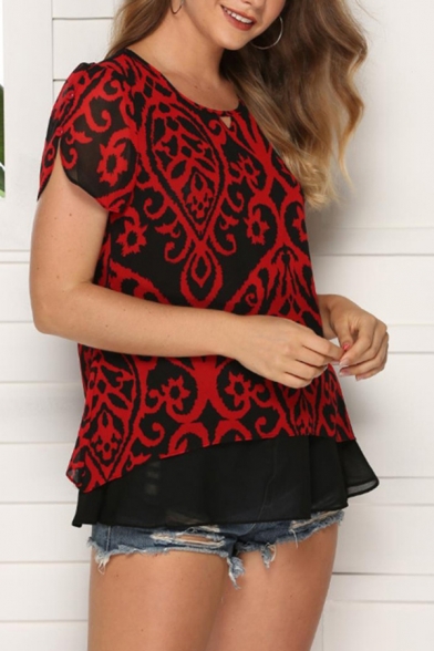 Stylish Women's Short Sleeve Round Neck All Over Floral Printed Patchwork Mesh Relaxed Fit Tee