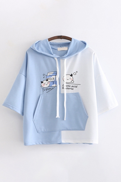 Trendy Womens Short Sleeve Drawstring Cartoon Milk Letter YUMMY Graphic Colorblocked Relaxed Fit Hoodie