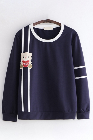 Womens Pretty Long Sleeve Round Neck Bear Embroidered Contrasted Piped Loose Fit Pullover Sweatshirt