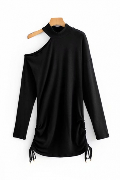 

Womens Stylish Solid Color Long Sleeve Cold Shoulder Drawstring Sides Mid A-Line Dress in Black, LM599376