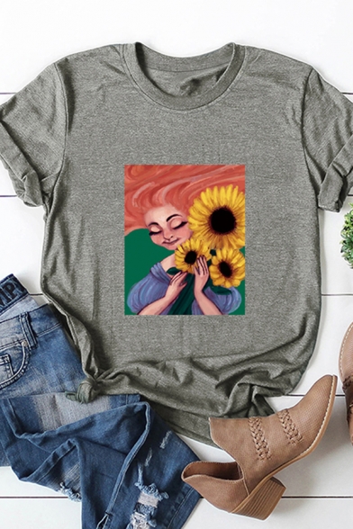 Basic Summer Girls Rolled Short Sleeve Crew Neck Cartoon Girl Sunflower Printed Regular Fit T Shirt
