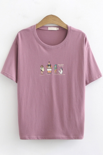 Basic Summer Girls Short Sleeve Round Neck Cartoon Printed Loose Fit T-Shirt