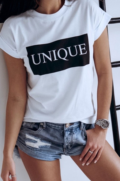 Basic Womens Rolled Short Sleeve Crew Neck Letter UNIQUE Printed Colorblock Relaxed T-Shirt