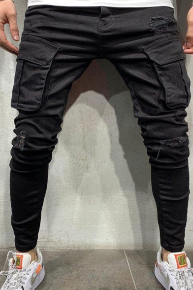 Black Chic Mid Rise Flap Pockets Ripped Ankle Length Relaxed Fit Jeans for Boys