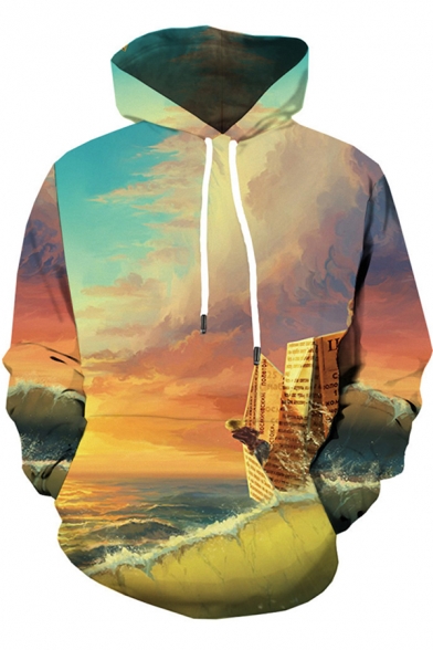 Boys Stylish Long Sleeve Drawstring Ocean 3D Print Relaxed Fit Hoodie in Yellow