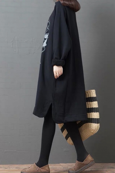 Casual Fashion Long Sleeve Crew Neck Cartoon Letter Graphic Slit Sides Sherpa Lined Long Oversize Dress in Black