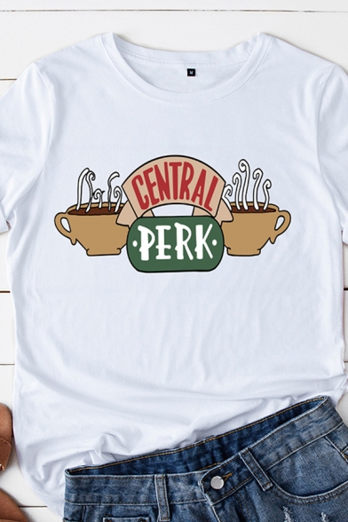 Casual Womens Roll Up Sleeve Round Neck Letter CENTRAL PERK Coffee Graphic Relaxed T-Shirt