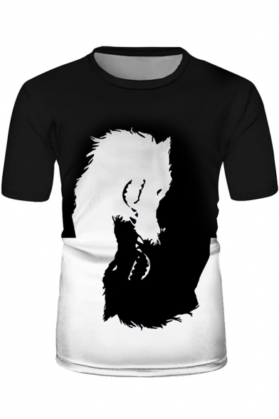 Chic Trendy Short Sleeve Crew Neck Yin Yang Wolf Printed Relaxed T Shirt in White