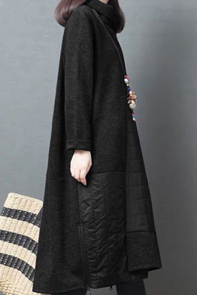 Cool Retro Womens Long Sleeve Cowl Neck Quilted Patchwork Long Oversize Thick Black Dress