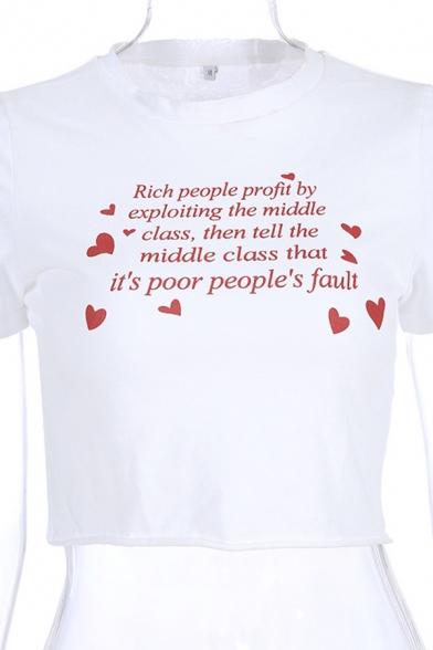 Fancy Chic Short Sleeve Crew Neck Letter IT'S POOR PEOPLE'S FAULT Heart Print Rolled Edge Regular Fit Crop Graphic White Tee