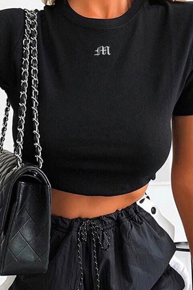 Girls' Summer Basic Short Sleeve Crew Neck Letter M Print Slim Fit Crop T-Shirt in Black