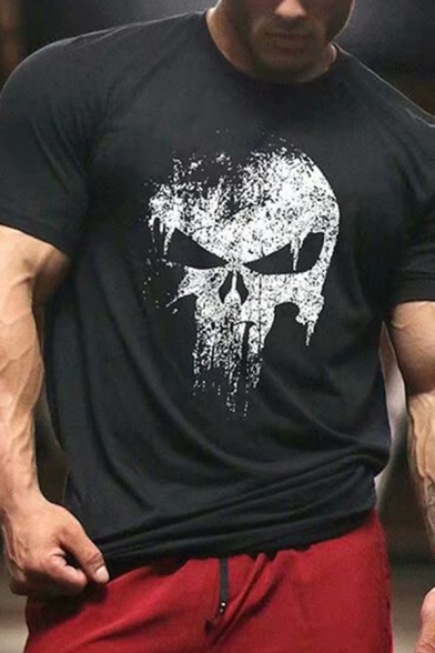 Guys Bodybuilding Active Short Sleeve Crew Neck Skull Patterned Relaxed Fit T Shirt in Black