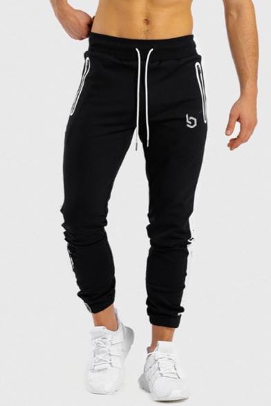 Gym Mens Drawstring Waist Patterned Contrasted Zipper Detail Cuffed Ankle Fit Sweatpants