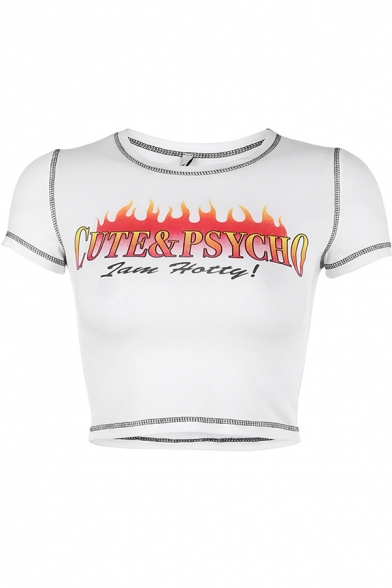 Hot Ladies Short Sleeve Crew Neck Letter CUTE & PSYCHO Flame Graphic Contrast Piped Fitted Crop Tee in White