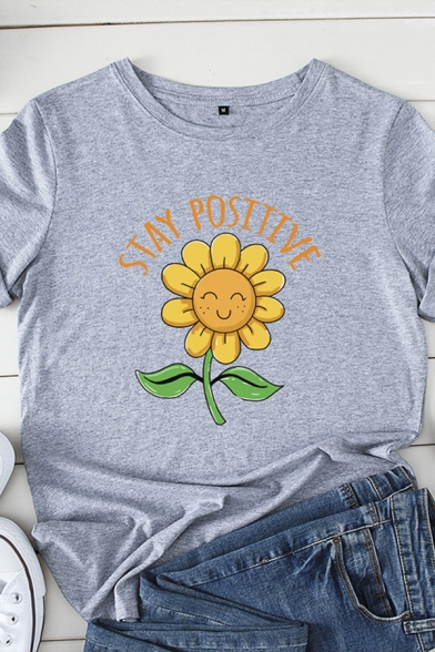 Ladies Fashion Roll Up Sleeve Round Neck Letter STAY POSITIVE Sunflower Graphic Regular Fit T-Shirt