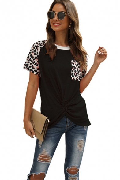 Leisure Trendy Ladies Short Sleeve Round Neck Leopard Printed Twist Front Contrasted Fitted Tee Top
