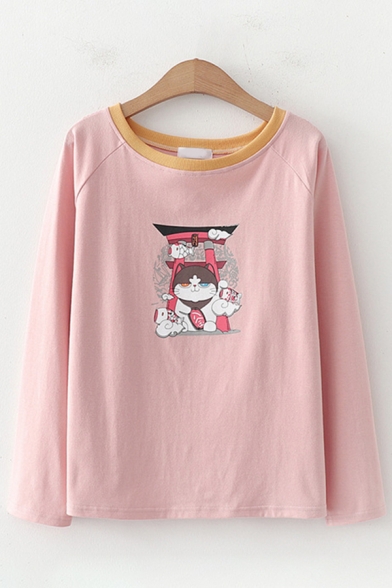 Lovely Girls Long Sleeve Round Neck Cat Printed Contrasted Relaxed Fit T-Shirt
